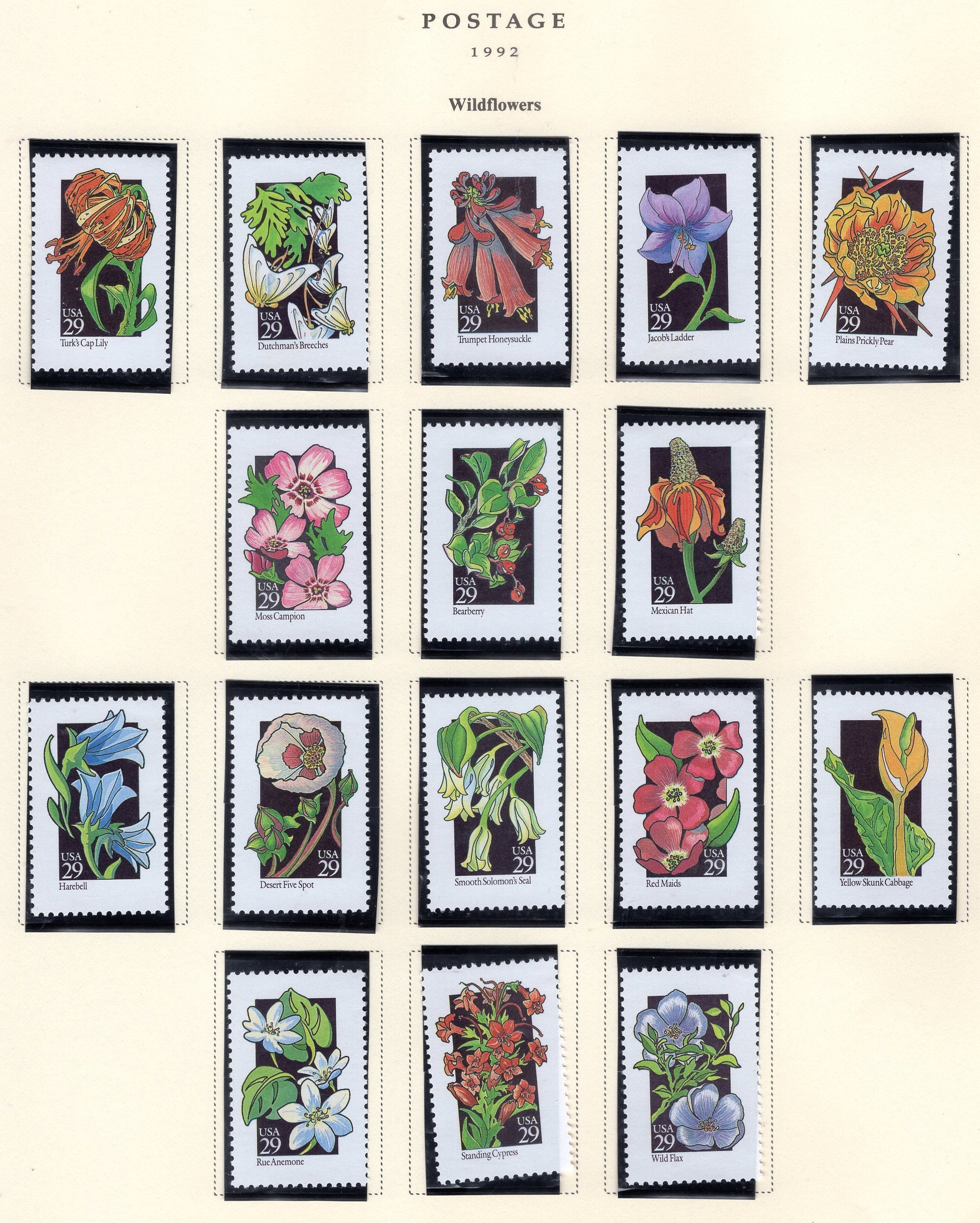 50 WILDFLOWERS WILD FLOWERS - All Different Fresh Bright USA 29c Stamps - Please See the 3 Scans - Issued in 1992 - s2647SN