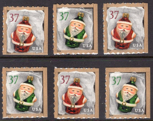 6 CHRISTMAS SANTA ORNAMENTS Cute! Red x3 + Green x3 Self-adhesive 37c - 2004 s3891+93 -