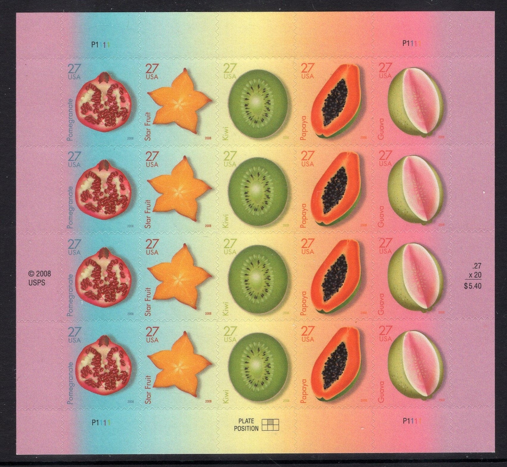 TROPICAL FRUITS inc KIWI Guava Papaya Star Pomegranate Sheet of 20 Unused USA Postage Stamps - s4253 -