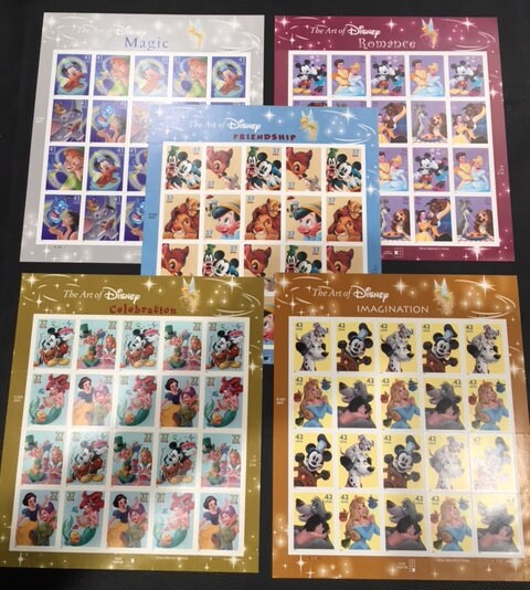 DISNEY COMPLETE COLLECTION of 5 Sheets of 20 Friendship Romance Magic Celebration Image Fresh Bright USA - Issued in 2004-2008 -