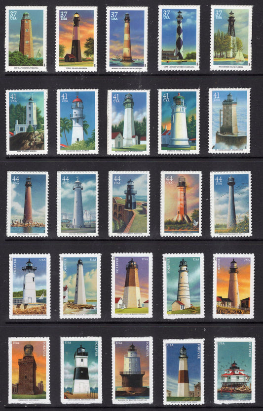 25v LIGHTHOUSE COLLECTION Unused 25 Stamps Fresh Bright USA Postage Stamps 37c 41c 44c F x2 -