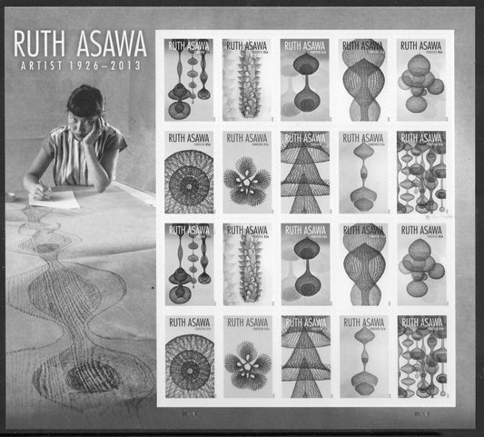 RUTH ASAWA DECORATIVE Sheet of 20 Stamps (2 each of 10 different Art Designs) Wedding Bright Fresh