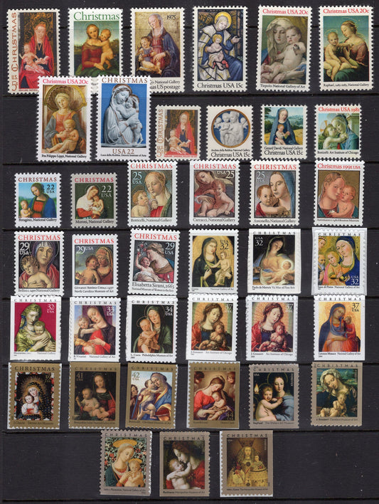 MADONNA & CHILD NATIVITY Paintings Religious Christmas Collection of all 42 Bright USA Postage Stamps - Issued in 1967-2020 -