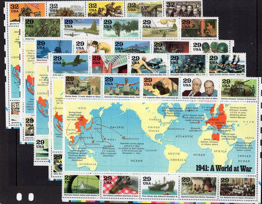 50 WORLD WAR II 2 United States Mint Stamps -Complete Collection of 5 Sheets of 10 (see 5 additional scans) - Issued in 1991-95 -