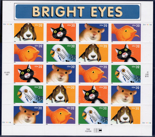 BRIGHT EYES PETS Sheet of 20 Cat Dog Parakeet Goldfish Hamster - Bright, fresh USA Postage Stamps - Issued in 1998  - s3230 -