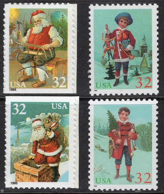 10 SANTA CLAUS CHRISTMAS Themes Chimney Sled Tree Jack Stamps (some self-adhesive, some water-active gum) Vintage-1995 St# 3004