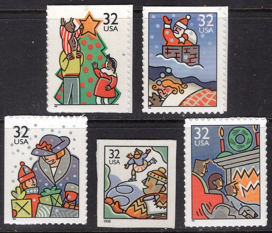 10 SANTA CLAUS CHRISTMAS Themes Chimney Sled Tree Jack Stamps (some self-adhesive, some water-active gum) Vintage-1996 St# 3113