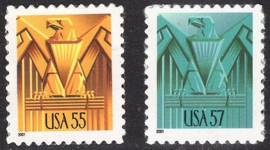 2 Different ART DECO EAGLE Bright Fresh Postage Stamps in Classic "Arts Décoratifs" Design - Issued in 2001 -