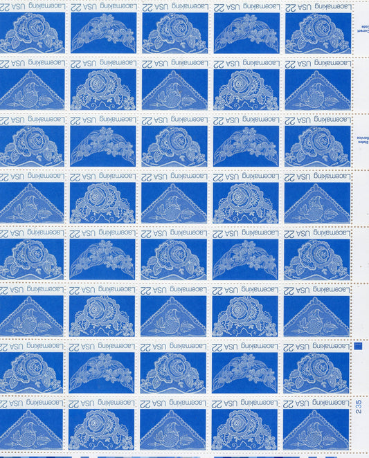 LACEMAKING LACE DELICATE Blue Sheet of 40 22c Stamps - 4 different Designs - Wedding Bright Fresh - Stock 2351 Issued in 1987 -