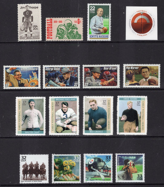 FOOTBALL COMPLETE COLLECTION of 16 United States Postage Stamps (5 scans) in Fresh Bright Mint Condition - Issued in 1969/on -