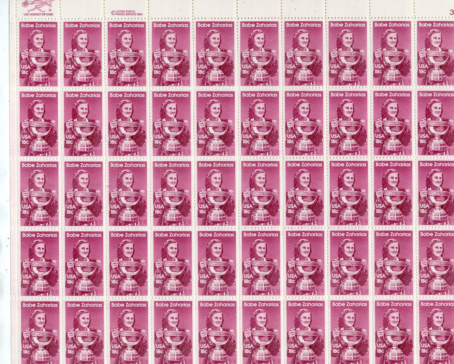 BABE ZAHARIAS GREATEST Women Athlete of her time Sheet of 50 18c Stamps - Greatest Amateur Ever - Issued in 1981 -