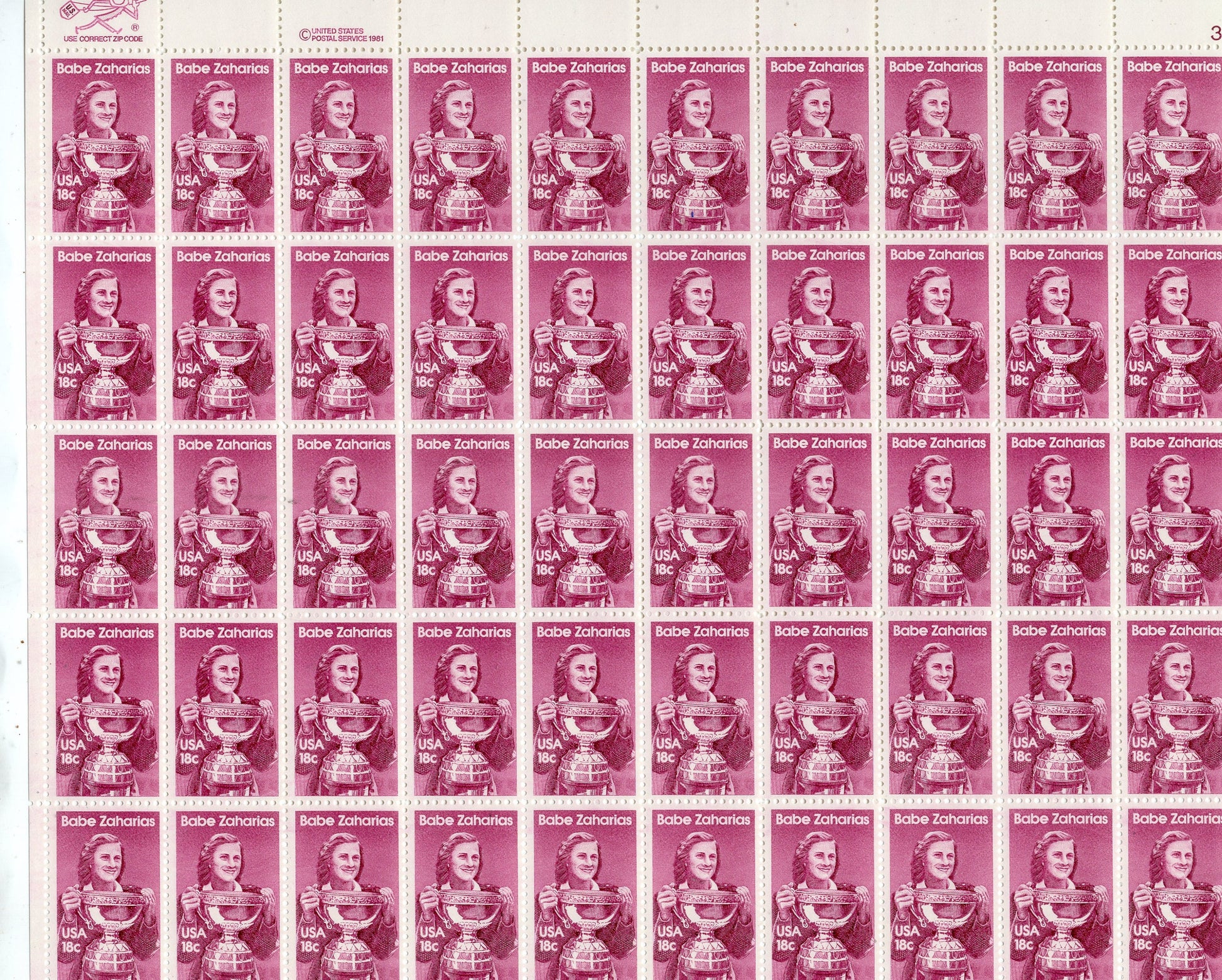BABE ZAHARIAS GREATEST Women Athlete of her time Sheet of 50 18c Stamps - Greatest Amateur Ever - Issued in 1981 -
