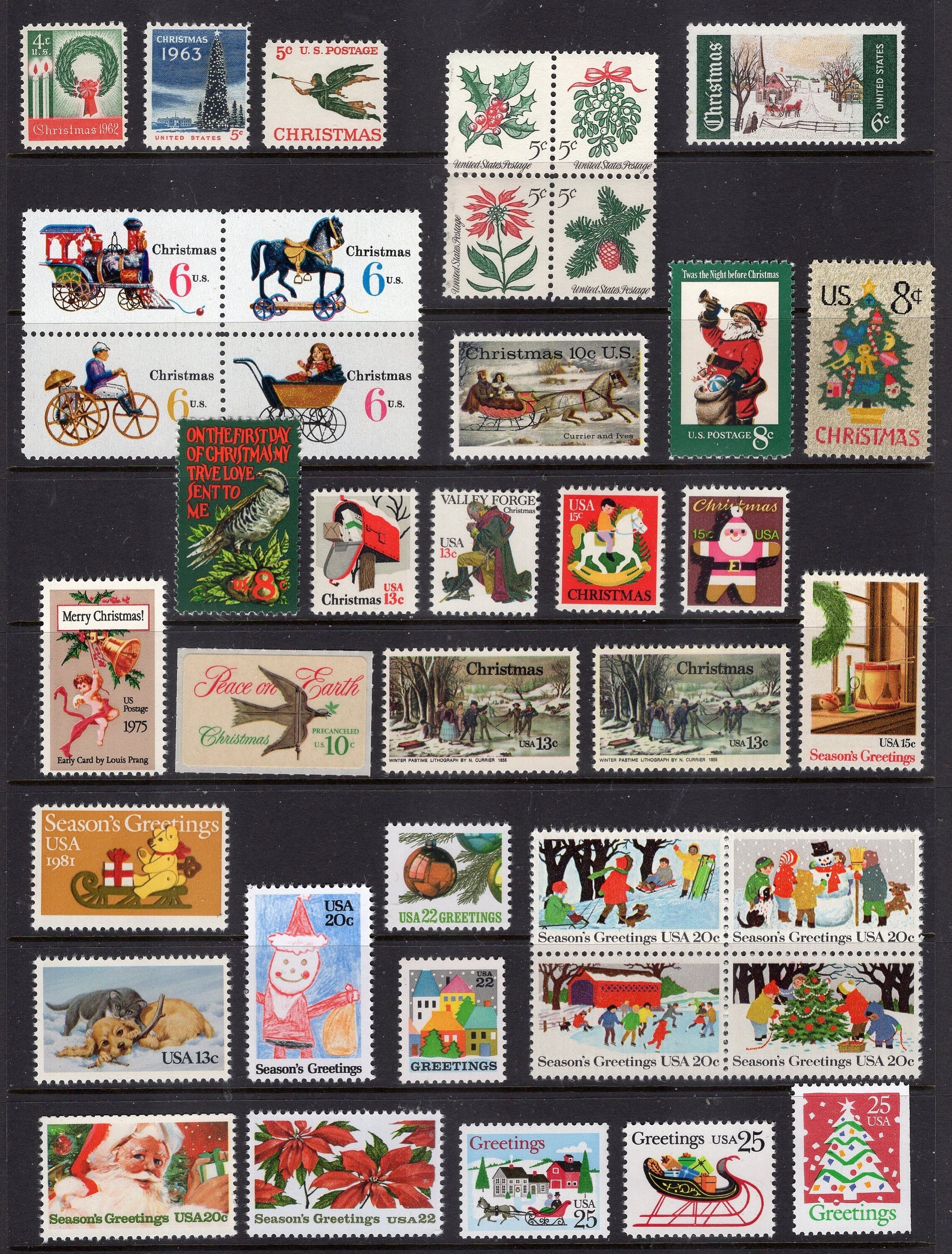 SPECTACULAR CHRISTMAS COLLECTION #2 of 128 Mint Bright USA Stamps - 3 Scans - Rarely Seen - Great Gift - Issued in 1962/2008 -