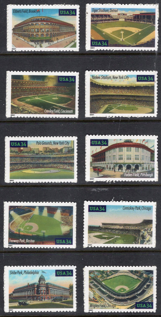 10 BASEBALL LEGENDARY STADIUMS Playing Fields Parks 10 Singles w/Back Text - Bright, unused Stamps - Issued in 2001- 3510B -