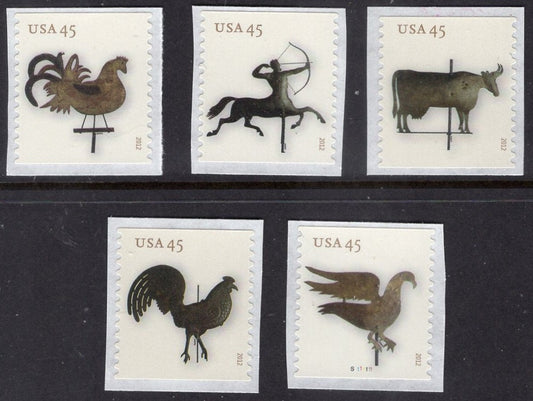 10 WEATHERVANE WEATHER Vane 45c (5 Different Stamp Designs) Rooster Cow Eagle Centaur Fresh Bright - Issued in 2012 -