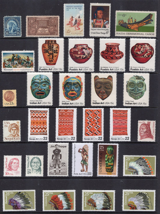 NATIVE AMERICAN INDIANS Attractive Starter Collection of 32 Unused Fresh USA Postage Stamps See Scan - Issued in 1931//2004 -