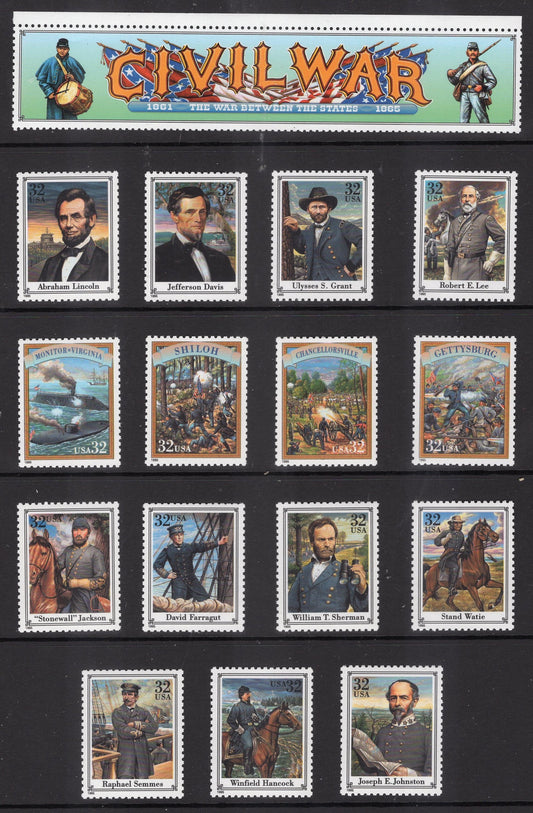 CIVIL WAR Battles and Leaders w/TEXT on Reverse Collection of 15 Fresh Bright Never Hinged Postage Stamps - Issued in 1995 -