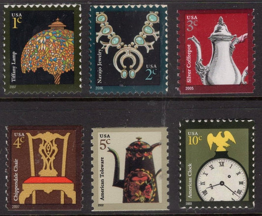 12 AMERICAN CLASSIC DESIGN Stamps 2 Each Tiffany Navajo Silver Coffeepot Chippendale Toleware Colonial Clock Bright Fresh Stamps -FreUS Ship