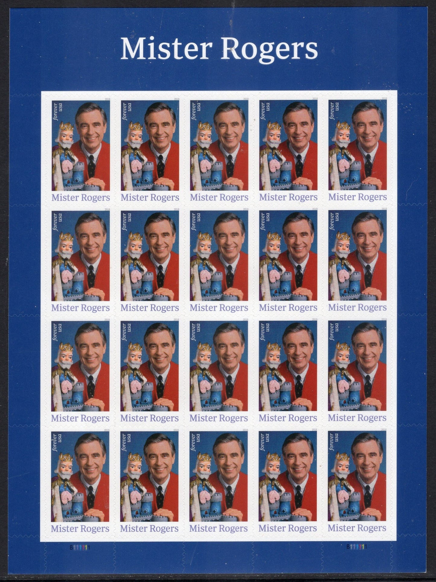 Mr. MISTER ROGERS Sheet of 20 TV Sweater USA Stamps Bright, Fresh - Issued in 2018 - s5275 -