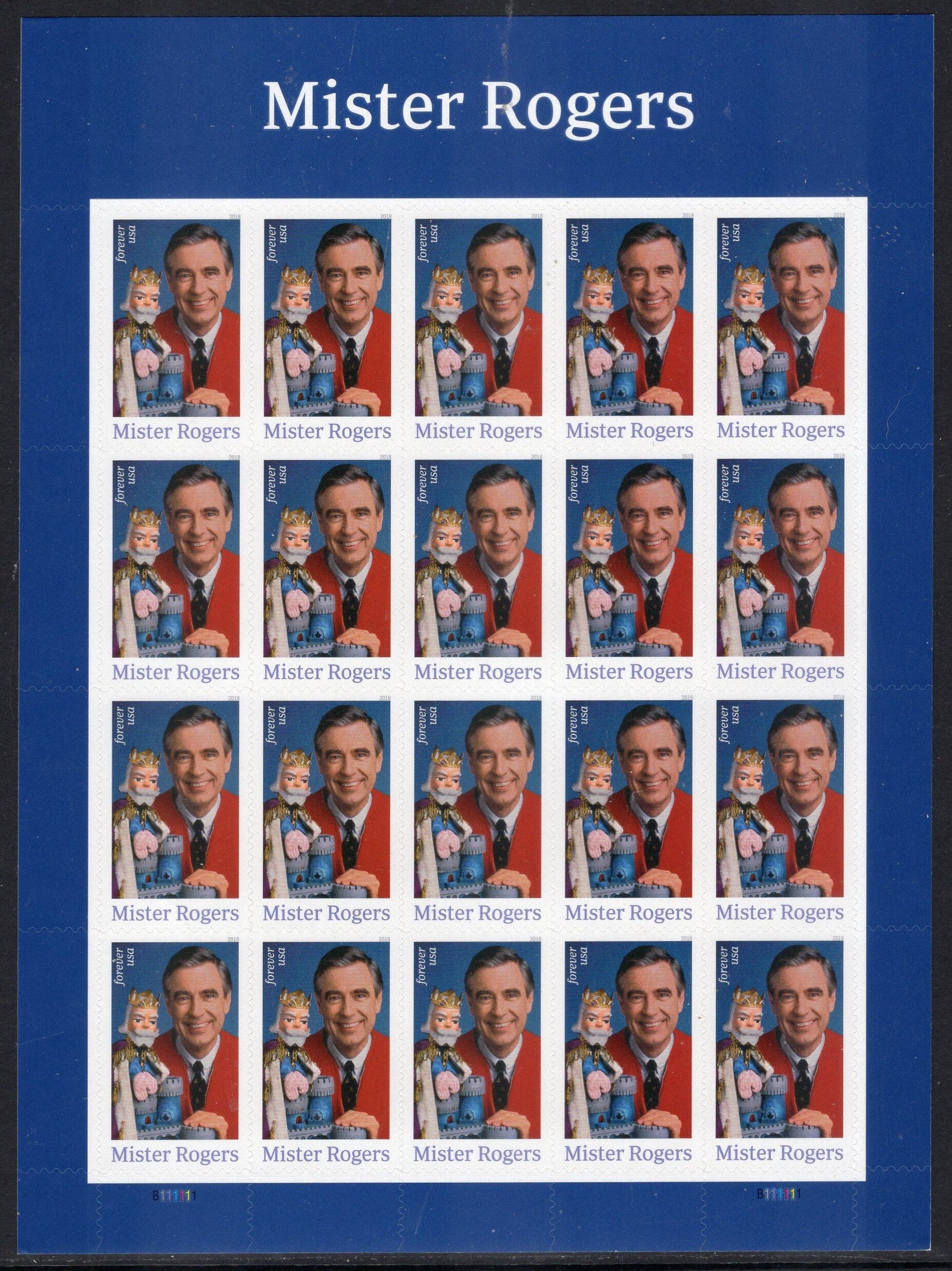Mr. MISTER ROGERS Sheet of 20 TV Sweater USA Stamps Bright, Fresh - Issued in 2018 - s5275 -
