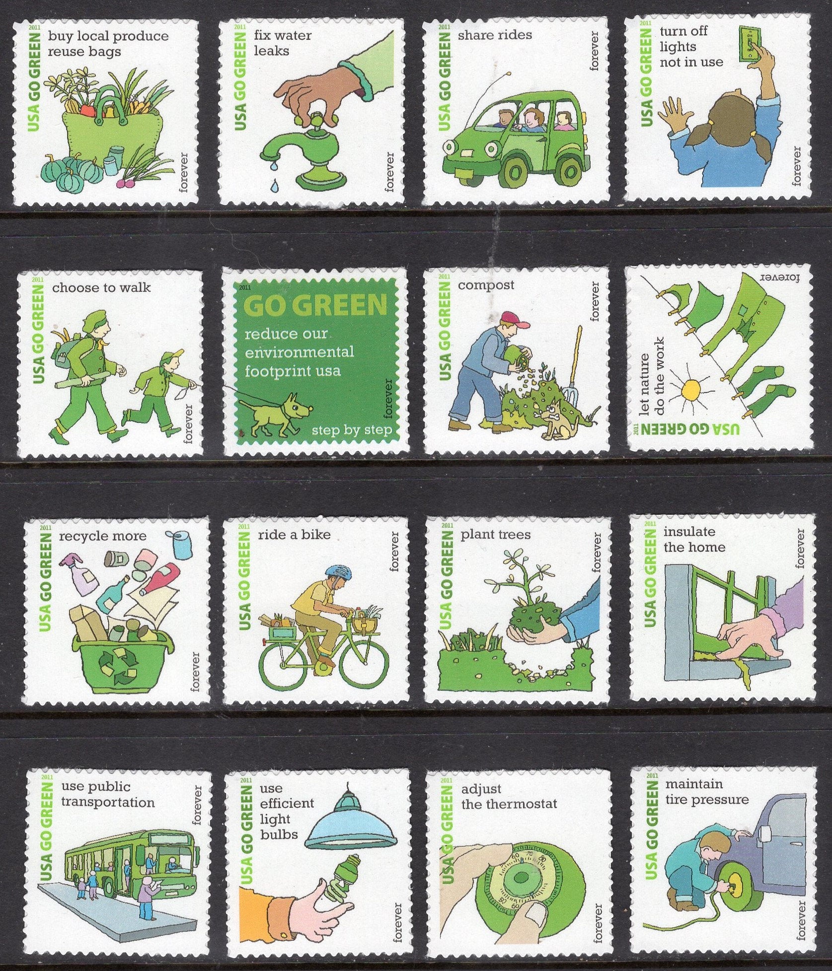 12 GO GREEN ECOLOGY Different Environment Protection 12 Stamps - Unused, Fresh, Bright - Issued in 2011 - s4524 -