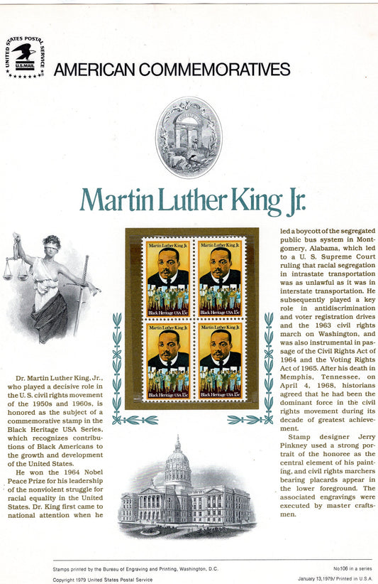 MARTIN LUTHER KING Special Commemorative Panel plus Actual Stamps + Illustrations and Text Great Gift 8.5x11 '79 -