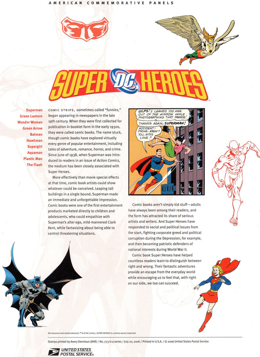 SUPER HEROES Two Special Commemorative Panels Superman BATMAN + Actual Stamps + Illustrations and Text Great Gift 8.5x11 '06 -