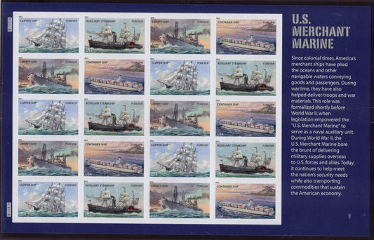 MERCHANT MARINE Decorative Sheet of 20 Stamps (4 different Ship Designs) Bright Fresh - Issued in 2011 s4548 -