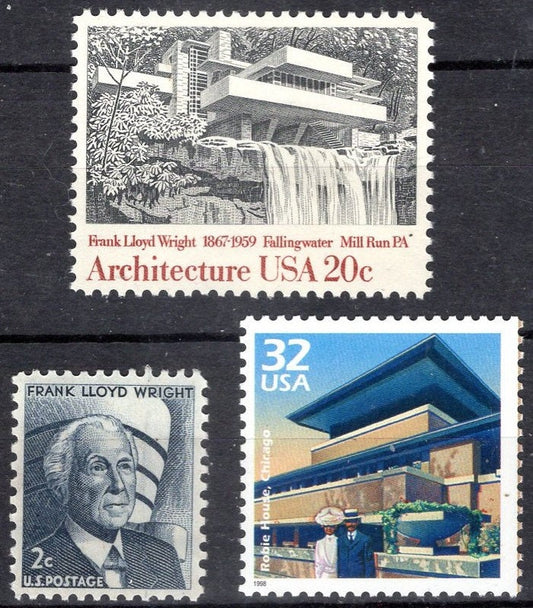 6 Frank Lloyd WRIGHT Collection FALLINGWATER GUGGENHEIM Robie House - Two Each - Unused Fresh Bright American Postage Stamps -