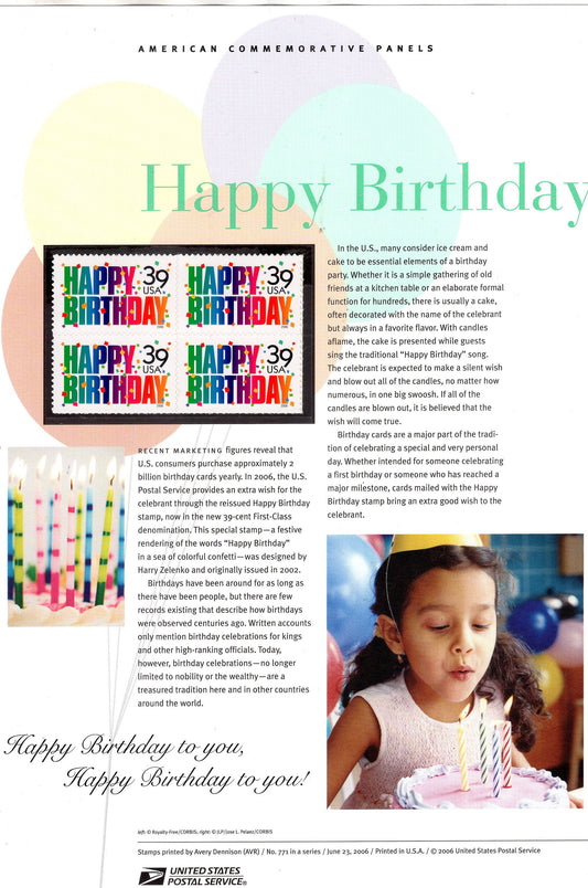 HAPPY BIRTHDAY GIRL Cake Candle Special Commemorative Panel plus Actual Stamps + Illustrations and Text Great Gift 8.5x11 '06 -