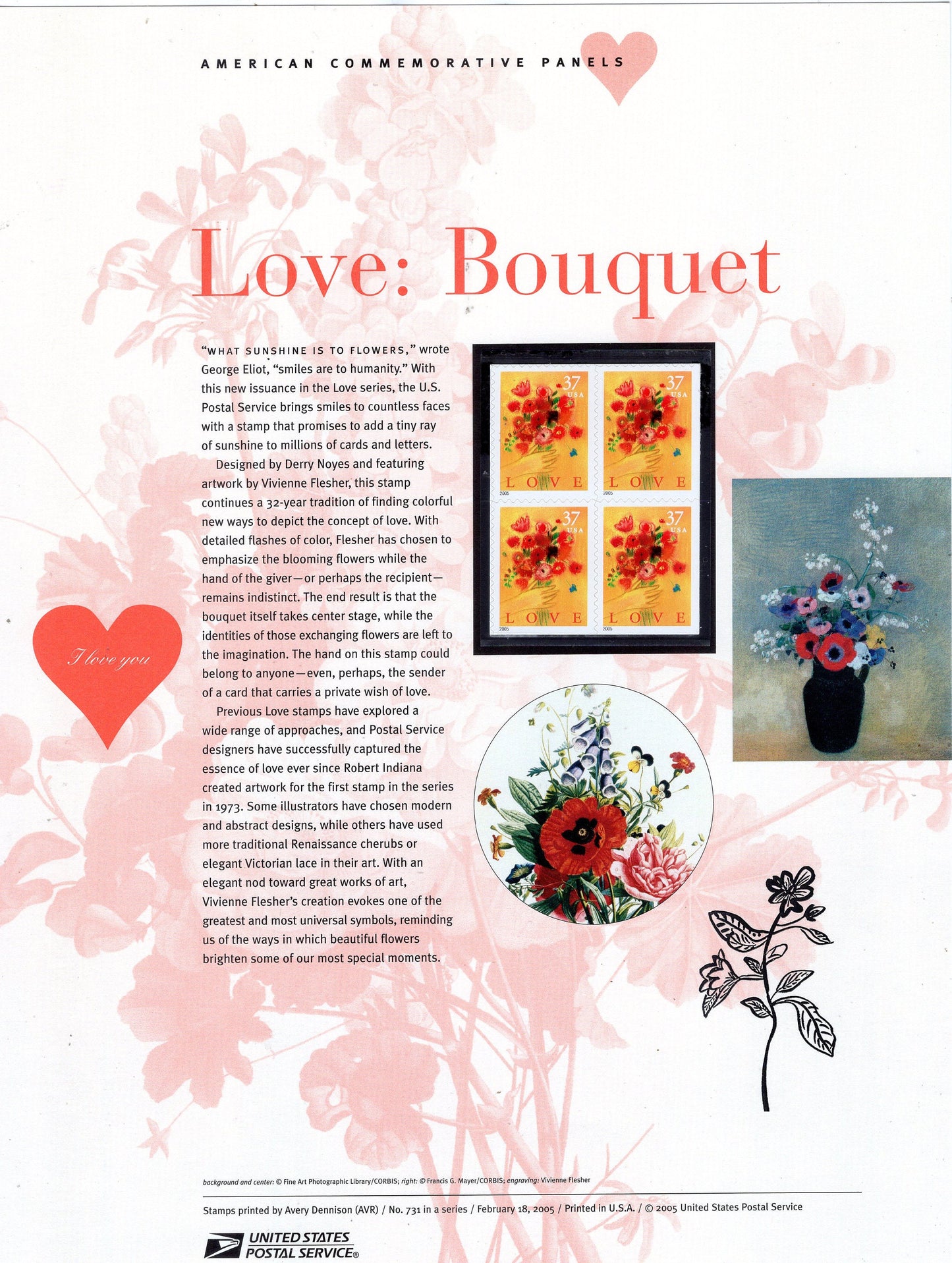 LOVE BOUQUET FLOWERS Special Commemorative Panel plus Actual Stamps + Illustrations and Text Great Gift 8.5x11 '05 -
