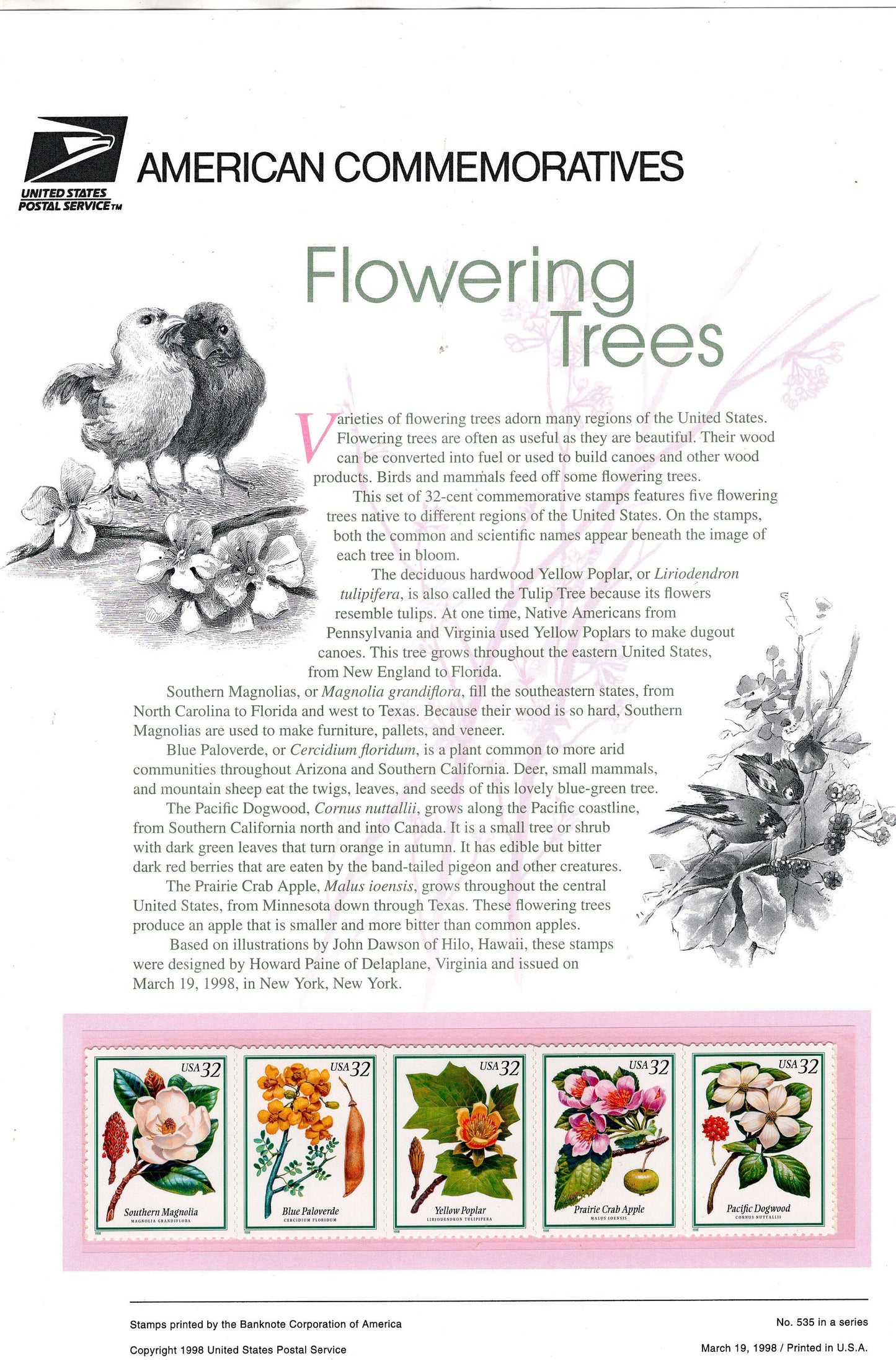 FLOWERING TREES STRIP of 5 Special Commemorative Panel with Actual Stamps + Illustrations, Text Great Gift 8.5x11 '93 -