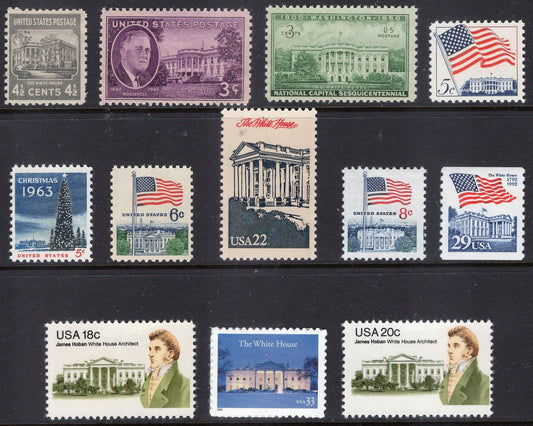 The WHITE HOUSE COMPLETE Collection of 12 Stamps in scenes inc Architect Hoban - Fresh Mint USA Postage Stamps - 1938/2000 -