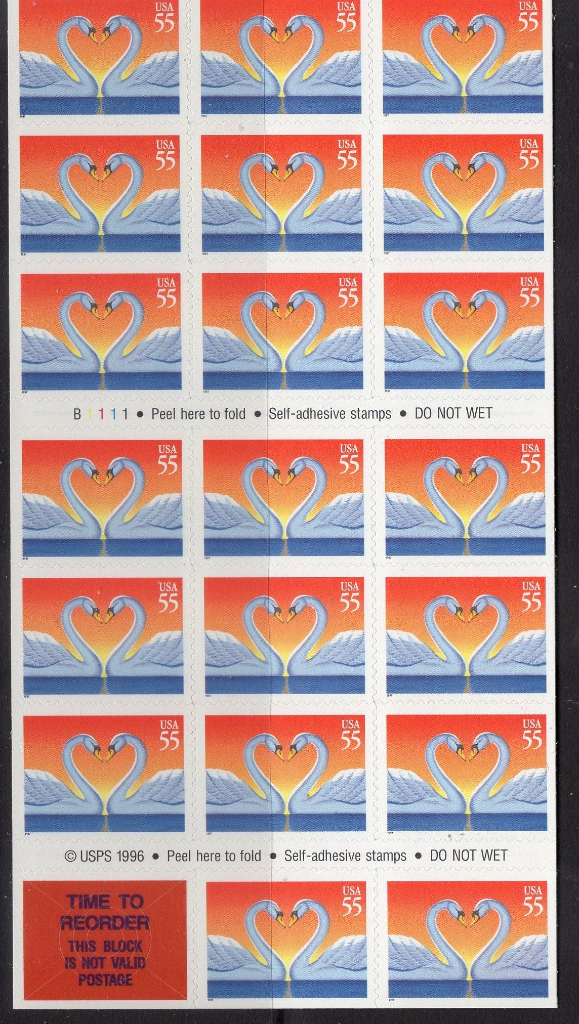 20 SWANS CREATING a LOVE Heart - Wedding Invitations 55c Self-adhesive Fresh Unused USA Postage Stamps - Issued in 2002 s3561
