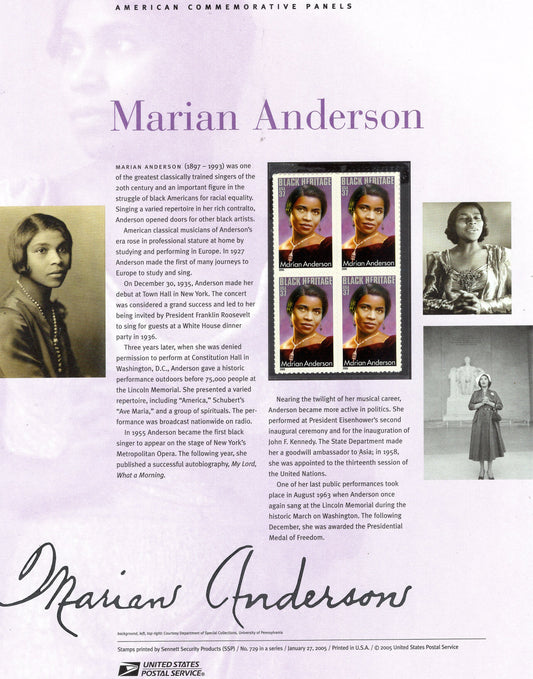 MARIAN ANDERSON BLACK Heritage Special Commemorative Panel plus Actual Stamps + Illustrations and Text Great Gift 8.5x11 '05 -
