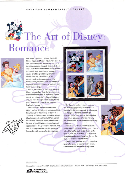 DISNEY ROMANCE BEAUTY & Beast Special Commemorative Panel plus Actual Stamps + Illustrations and Text Great Gift 8.5x11 '06 -