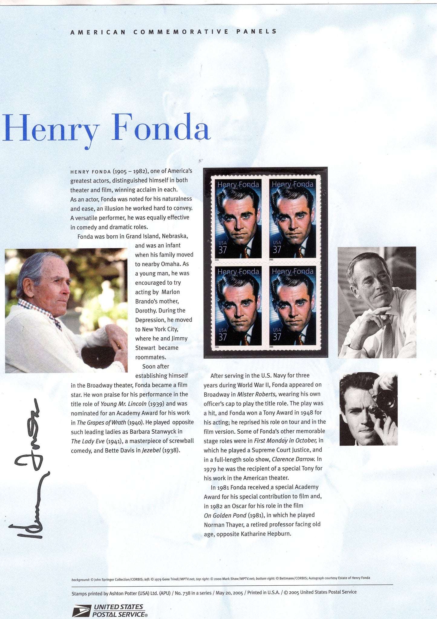 HENRY FONDA HOLLYWOOD Legend Special Commemorative Panel plus Actual Stamps + Illustrations and Text Great Gift 8.5x11 '05 -