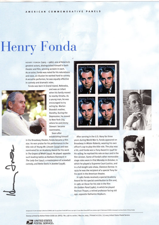 HENRY FONDA HOLLYWOOD Legend Special Commemorative Panel plus Actual Stamps + Illustrations and Text Great Gift 8.5x11 '05 -