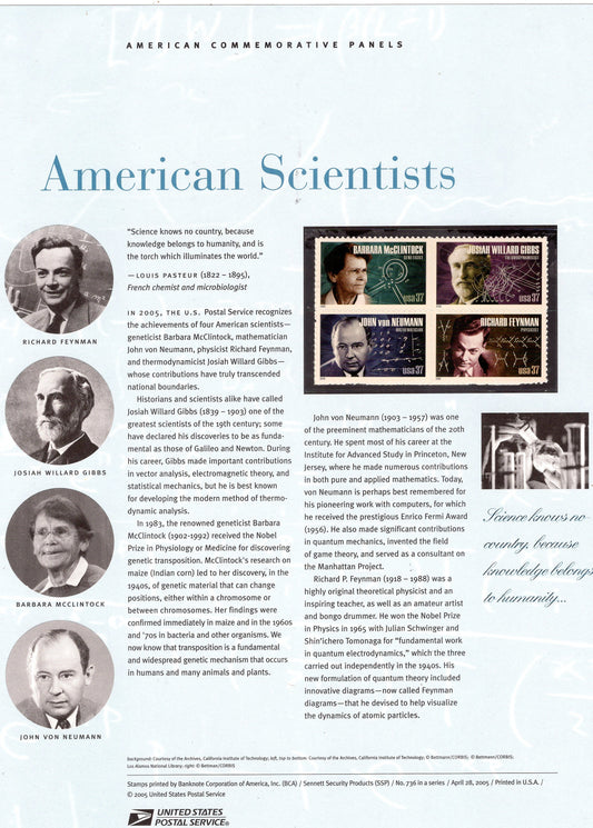 SCIENTISTS FEYNMAN Von NEUMANN Special Commemorative Panel plus Actual Stamps + Illustrations and Text Great Gift 8.5x11 '05 -