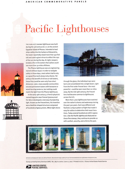 PACIFIC COAST LIGHTHOUSES Strip of 5 Commemorative Panel with 5 Stamps Illustrations plus Text – A Great Gift 8.5x11-2007 -