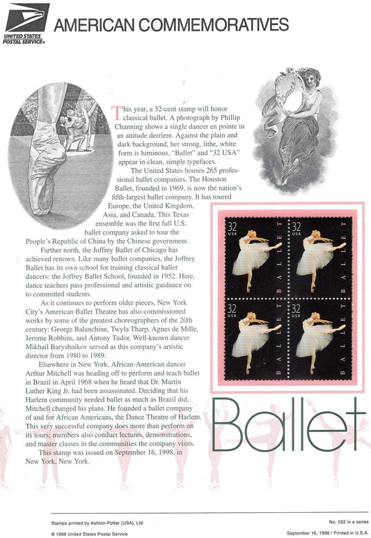 AMERICAN CLASSICAL BALLET Commemorative Panel with Block of 4 Stamps + Illustrations plus Text – A Great Gift 8.5x11- 1998 -
