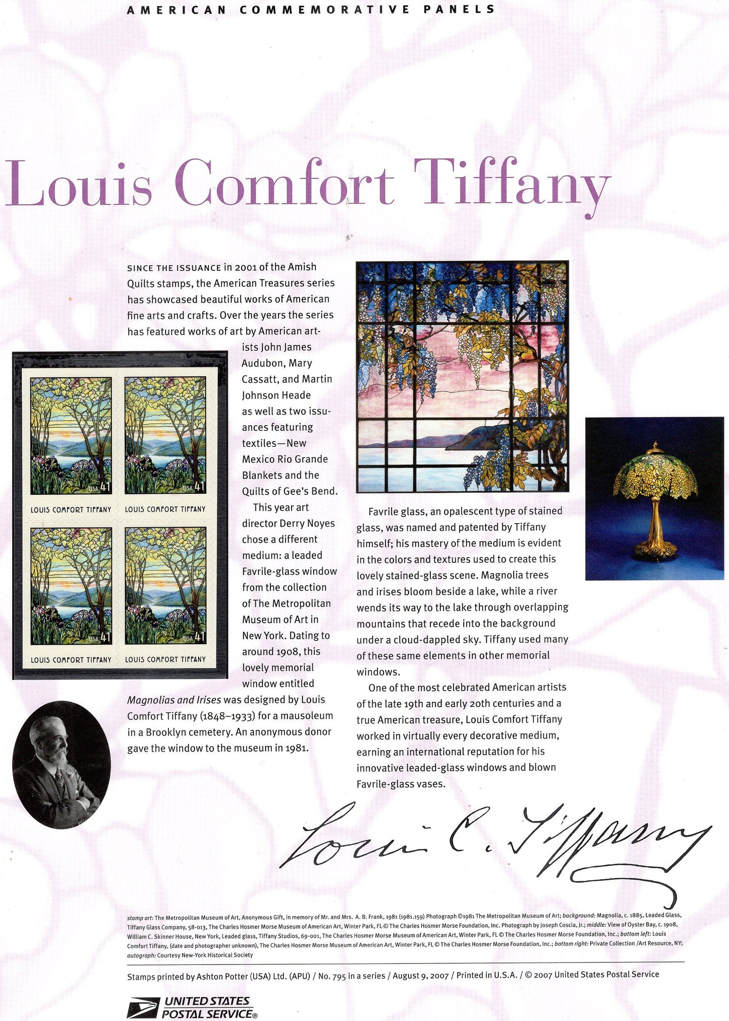 LOUIS COMFORT TIFFANY Stained Favrile Glass Commemorative Panel Stamps + Illustrations plus Text – A Great Gift 8.5x11- Issued in 2007 -