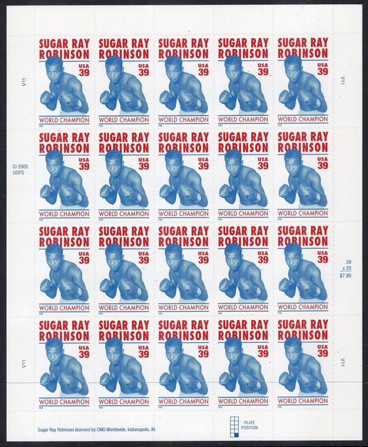 SUGAR RAY ROBINSON Boxing Champion Sheet of 20 Black American Unused Fresh Bright USA Postage Stamps - Issued in 2006- St# 4020 -