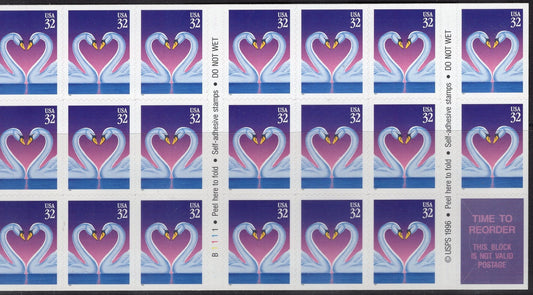 20 SWANS CREATING a LOVE Heart - Wedding Invitations 32c Self-adhesive Fresh Unused USA Postage Stamps - Issued in 1997 s3561