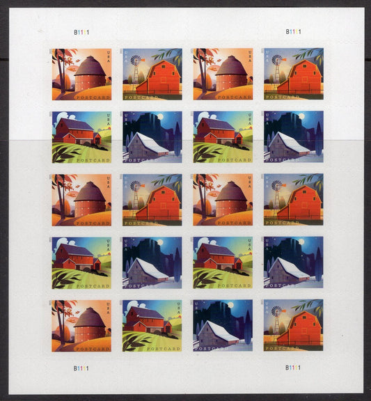 BARN POSTCARD Rate (44c Today) Sheet of 20 Stamps - Mint Bright Fresh - s5545 -