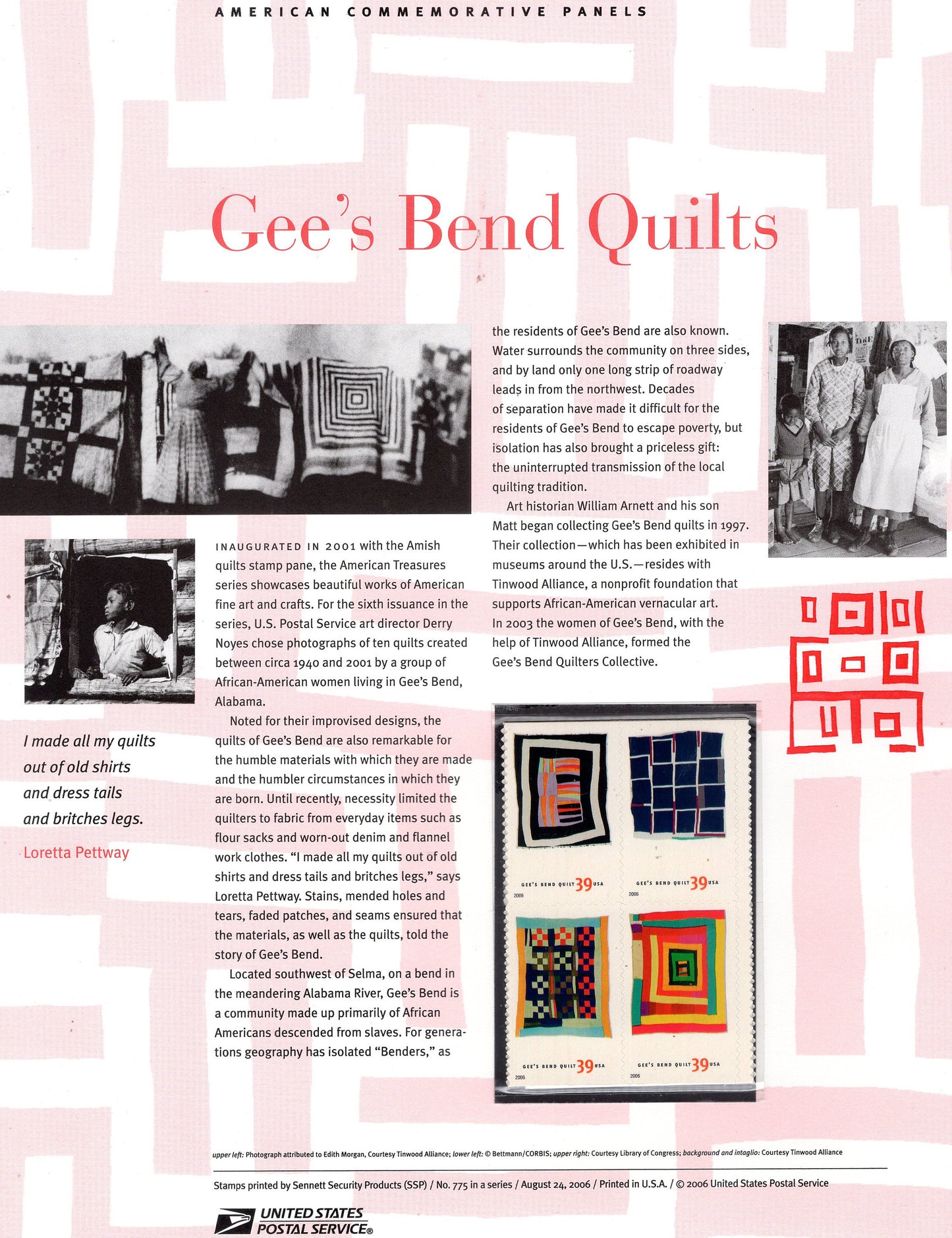 GEE'S BEND QUILTS Black American Treasure Crafts Commemorative Panel Stamps + Illustrations plus Text – A Great Gift 8.5x11- Issued in 2006-