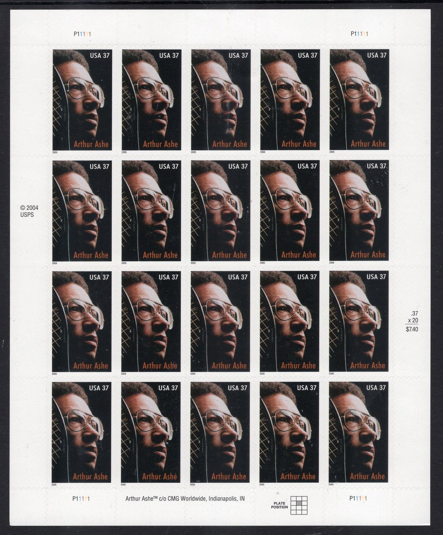 ARTHUR ASHE TENNIS Champion Sheet of 20 Black American Fresh Unused Fresh Bright USA Postage Stamps - Issued in 2005  - s3936-