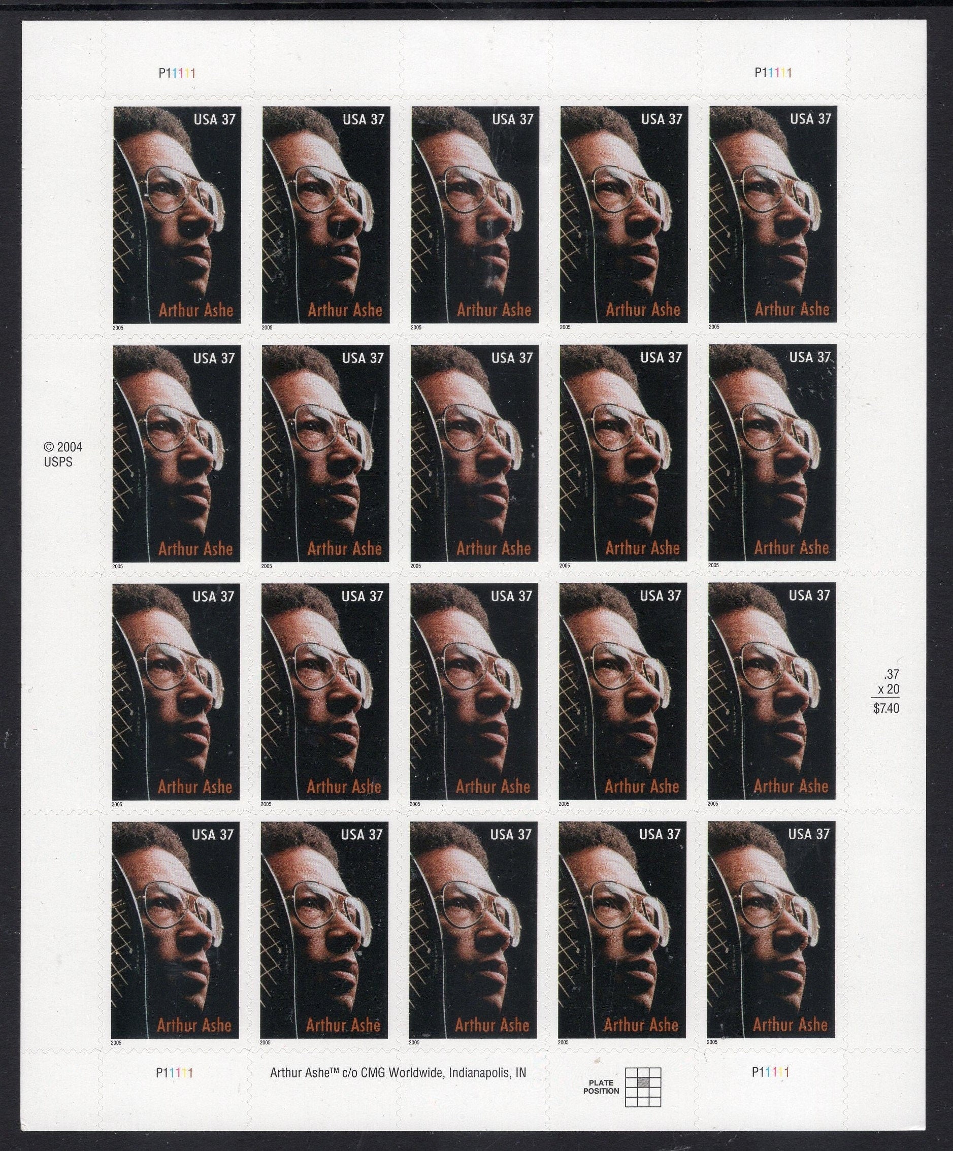 ARTHUR ASHE TENNIS Champion Sheet of 20 Black American Fresh Unused Fresh Bright USA Postage Stamps - Issued in 2005  - s3936-