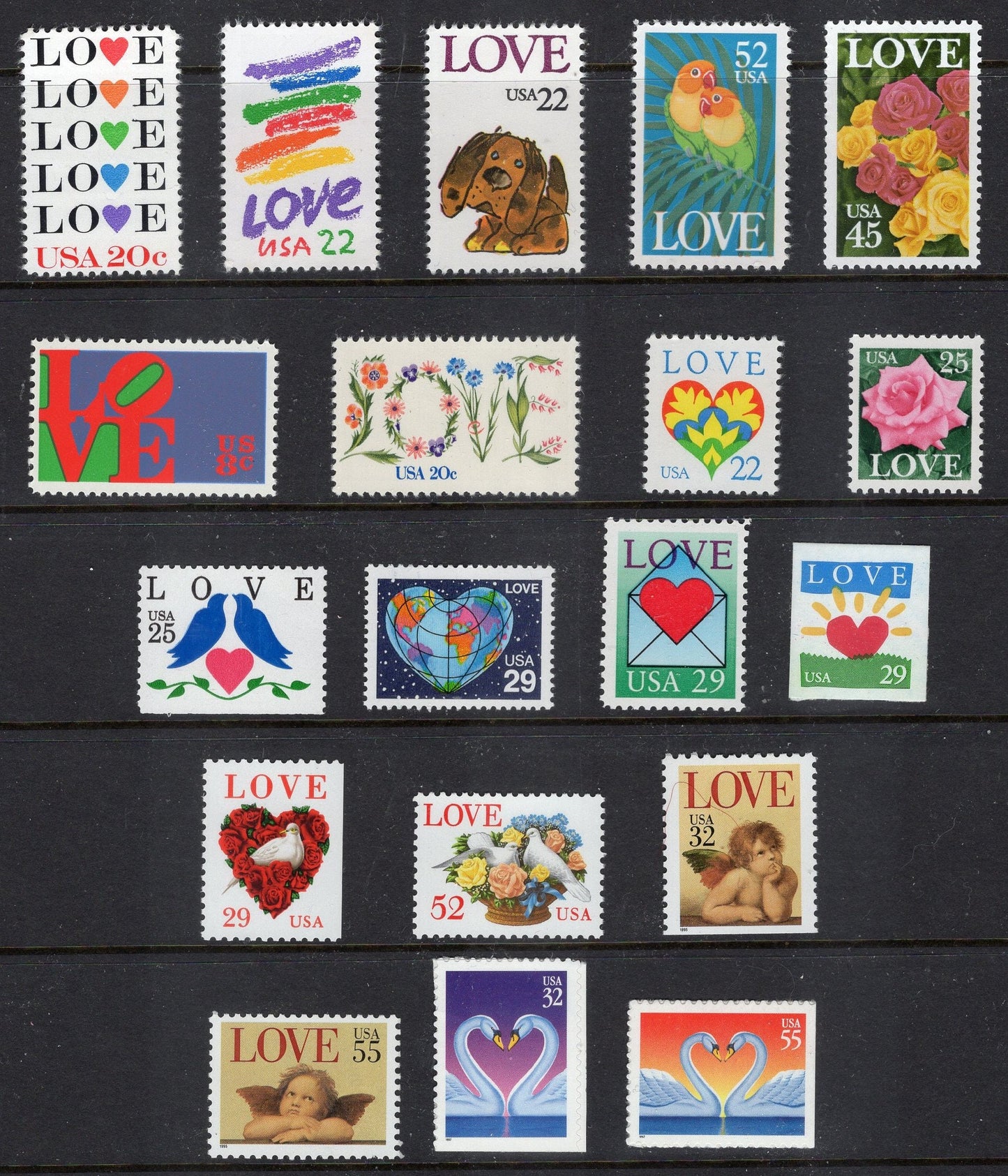 LOVE COLLECTION #1 19 Different Fresh 8c-52c Stamps 1973//1997 - Valentines - Weddings - Invites -Thank you Notes -Flowers Birds