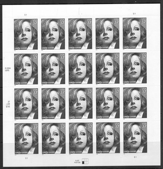 GRETA GARBO HOLLYWOOD Actress Swedish Legend Sheet of 20 Self-adhesive 37c Stamps -